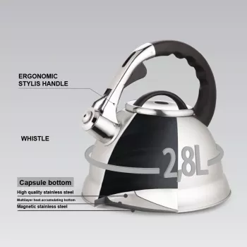 MEO Stovetop Tējkanna 2.8L MR-1328 MAESTRO – Nerūsējošā tērauda svilpojošā tējkanna ar karstumizturīgu bakelīta rokturi, indukcijai un visām plītīm, sudraba krāsā