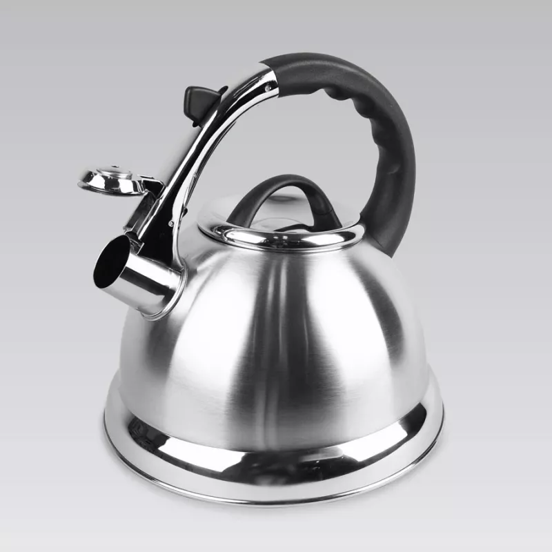 MEO Stovetop Tējkanna 2.8L MR-1328 MAESTRO – Nerūsējošā tērauda svilpojošā tējkanna ar karstumizturīgu bakelīta rokturi, indukcijai un visām plītīm, sudraba krāsā