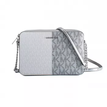 Michael Kors Jet Set Travel Crossbody Bag 35F5STTC9YSIL Silver Signature Coated Canvas