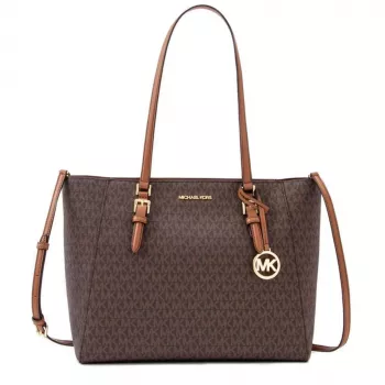 Michael Kors Jet Set Travel Saffiano ādas tote soma - Brūna sieviešu soma ar zelta krāsas metāla detaļām (42x28x10 cm)