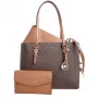 Michael Kors Jet Set Travel Saffiano ādas tote soma - Brūna sieviešu soma ar zelta krāsas metāla detaļām (42x28x10 cm)
