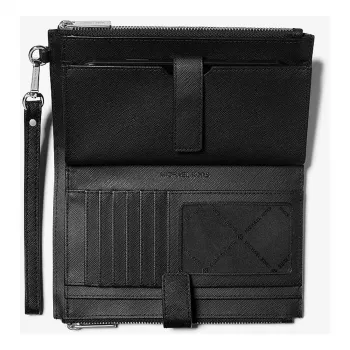 Michael Kors Women's Jet Set Travel Saffiano Leather Flat Briefcase Wristlet Wallet 35F8GTVW0LBLA (Melns)