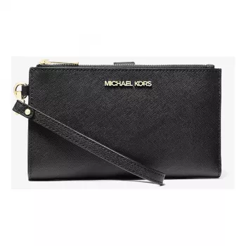 Michael Kors Women's Jet Set Travel Saffiano Leather Flat Briefcase Wristlet Wallet 35F8GTVW0LBLA (Melns)