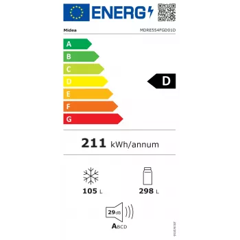 Midea MDRE554FGD01D Iebūvējamais Kombinētais Ledusskapis, No Frost, 403 L, Balts, Energoklase D
