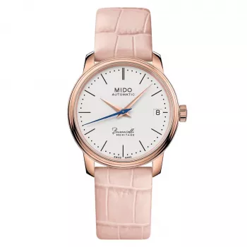 MIDO Baroncelli III Lady Automātiskais Pulkstenis 33mm Rožu Zelts PVD Nerūsējošais Tērauds Sudraba Ciparnīca Brūna Ādas Siksniņa M027207360100