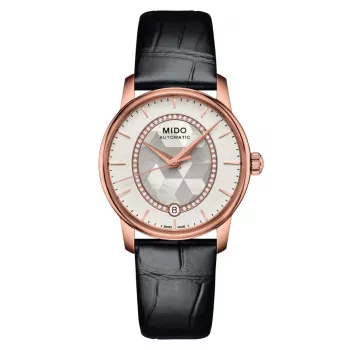 MIDO Baroncelli III Lady Automātiskais pulkstenis 33mm Rožu zelta PVD Balts perlamutra ciparnīca ar dimanta indeksiem Balta ādas siksniņa