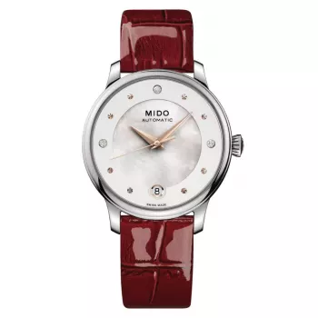 MIDO Baroncelli III Lady Automātiskais Pulkstenis 33mm Balts Pērļu Dials Ādas Siksniņa M039207161060