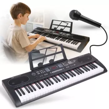MQ 603 UFB 61 taustiņu portatīvā elektroniskā klaviatūra ar 200 tembriem, 200 ritmiem, LCD displeju, ierakstīšanu, mācību funkcijām, mikrofona ieeju, USB MP3 atskaņošanu un barošanas adapteri - melna