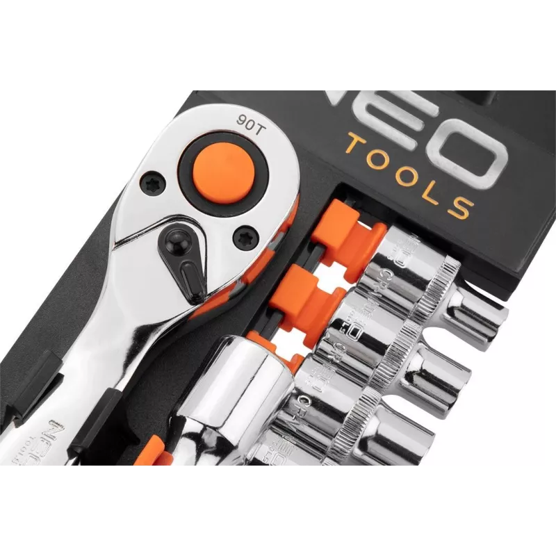 NEO Tools 10-030 219 daļu ligzdu un atslēgu komplekts ar sprūdratiem, uzgaļiem un piederumiem plastmasas kastē