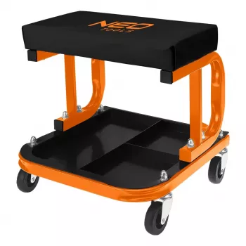 NEO TOOLS 11-604 Ritošais darbagalda krēsls ar instrumentu plauktu, pneimatiskā augstuma regulēšana 380-500 mm, 135 kg slodze, 5 grozāmie riteņi, eļļas izturīgs vinila sēdeklis