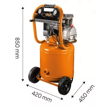 NEO TOOLS 12K010 Vertikālais eļļas kompresors, 40 L tvertne, 230 V, 1.5 kW, 8 bar, 206 L/min iesūkšana, riteņi un rokturis