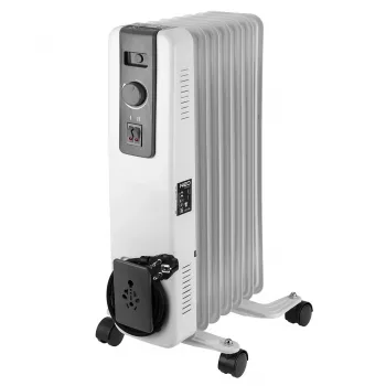 NEO TOOLS 1500W eļļas radiators ar 7 sekcijām, 3 sildīšanas režīmiem, regulējamu termostatu, aizsardzību pret pārkaršanu, apgāšanās slēdzi, iebūvētiem riteņiem, balts