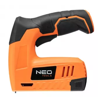 NEO Tools 16-050 rokas skavotājs polsterēšanai, izolācijai un dekoratīviem darbiem, regulējams spēks, J-tipa skavas 6-14 mm, melns/oranžs