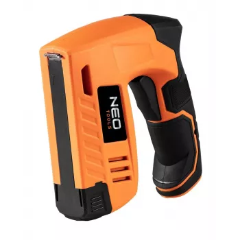NEO Tools 16-050 rokas skavotājs polsterēšanai, izolācijai un dekoratīviem darbiem, regulējams spēks, J-tipa skavas 6-14 mm, melns/oranžs