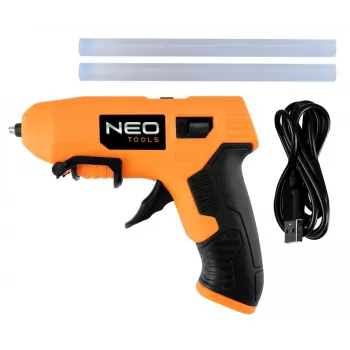 NEO Tools 17-083 20W vadu karstās līmes pistole ar pretsūces uzgali, 11mm līmes stienīši, integrēts statīvs, 230V, oranžs/melns