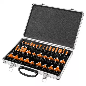NEO TOOLS 35 gabalu volframa karbīda frēžu komplekts ar 8 mm kātu koka kastē