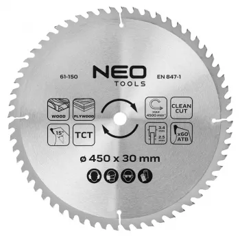 NEO TOOLS 450 mm TCT ripzāģa disks, 60 zobi, 30 mm urbums, kokam