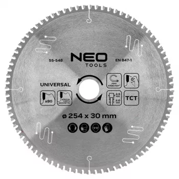 NEO TOOLS 55-548 TCT ripzāģa disks 254 mm x 30 mm, 80 zobi, universāls