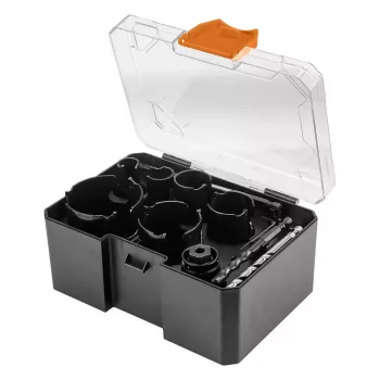 NEO TOOLS 57-923 Carbīda zobrata urbjzāģu komplekts, 11 daļas (20–64 mm), ar 2 serdeņiem un futrāli