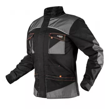 NEO TOOLS 81-218-XL Darba jaka ar noņemamu kapuci, ūdensizturīga, 4 kabatas, pelēka/melna/oranža, XL izmērs