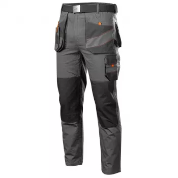 NEO TOOLS 81-325-S aizsargbikses, izmērs S, pelēkas ar oranžiem akcentiem, 65% poliesteris 35% kokvilna, 245 g/m², 9 kabatas, ceļgalu aizsargu kabatas, EN ISO 13688:2013