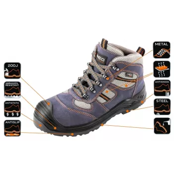 NEO TOOLS 82-046 S1P SRC drošības apavi ar tērauda purngalu un pretduršanas zoli, zamšāda un siets, melni/pelēki, ES 39-47