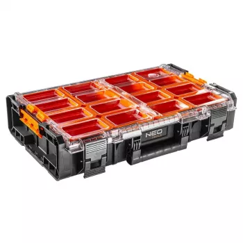 NEO Tools 84-268 mākslas un amatniecības piederumu organizators ar 18 regulējamiem nodalījumiem, caurspīdīgu vāku un rokturi