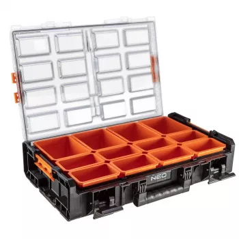 NEO Tools 84-268 mākslas un amatniecības piederumu organizators ar 18 regulējamiem nodalījumiem, caurspīdīgu vāku un rokturi