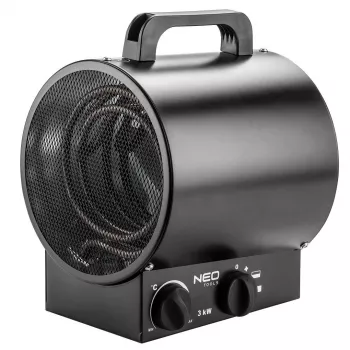 NEO Tools 90-066 2000W PTC keramikas elektriskais ventilatora sildītājs ar regulējamu termostatu, aizsardzību pret pārkaršanu, drošības slēdzi pret apgāšanos, 2 sildīšanas režīmiem, tikai ventilācijas režīmu, brīvi stāvošs, melns/pelēks