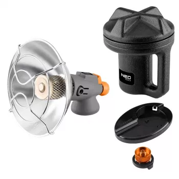 NEO TOOLS 90-134 pārnēsājamais gāzes infrasarkanais sildītājs ar pjezo aizdedzi, 1.7 kW, keramikas plāksne, butāna/propāna kasetnēm, melns/sarkans