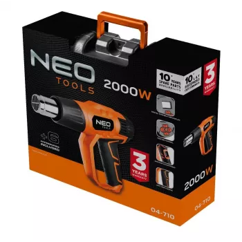 NEO TOOLS 04-710 karstā gaisa pistole 2000W ar LCD displeju, 50°C un 70-600°C, 4 sprauslas, skrāpis, pārnēsāšanas soma