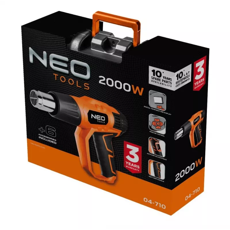 NEO TOOLS 04-710 karstā gaisa pistole 2000W ar LCD displeju, 50°C un 70-600°C, 4 sprauslas, skrāpis, pārnēsāšanas soma