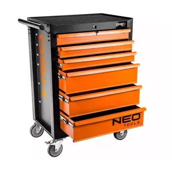 NEO Tools Darbnīcas skapis ar 6 atvilktnēm, 280 kg kopējā slodze, slēdzams, lodīšu gultņu sliedes, pretapgāšanās, 4 riteņi, tērauds