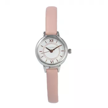 OLIVIA BURTON Sieviešu Mini Ciparnīcas Pulkstenis OB16MC59 - Rozā zelta toņa nerūsējošā tērauda korpuss, balta ciparnīca, pelēka ādas siksniņa, 23 mm