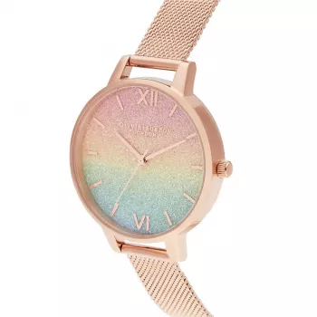 OLIVIA BURTON Rainbow Bee pulkstenis sievietēm OB16RB18 - 34 mm nerūsējošā tērauda korpuss, pelēks ādas siksniņš, balts ciparnīca ar varavīksnes bites motīvu, kvarca mehānisms