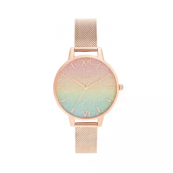 OLIVIA BURTON Rainbow Bee pulkstenis sievietēm OB16RB18 - 34 mm nerūsējošā tērauda korpuss, pelēks ādas siksniņš, balts ciparnīca ar varavīksnes bites motīvu, kvarca mehānisms