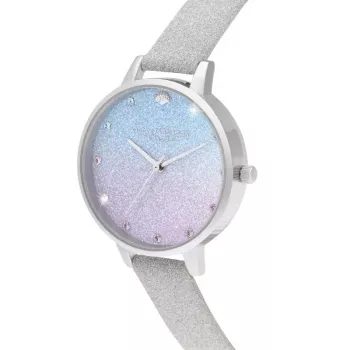 Olivia Burton Women's Sparkle Floral Watch OB16US49 - 34mm nerūsējošā tērauda korpuss, pelēks ādas siksniņš, balts ciparnīca ar ziedu apdruku