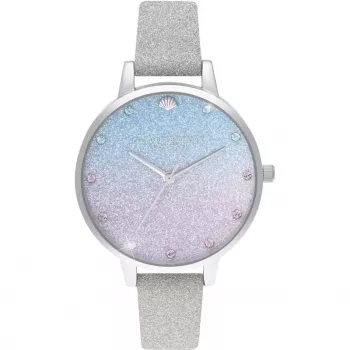 Olivia Burton Women's Sparkle Floral Watch OB16US49 - 34mm nerūsējošā tērauda korpuss, pelēks ādas siksniņš, balts ciparnīca ar ziedu apdruku
