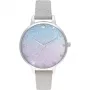 Olivia Burton Women's Sparkle Floral Watch OB16US49 - 34mm nerūsējošā tērauda korpuss, pelēks ādas siksniņš, balts ciparnīca ar ziedu apdruku
