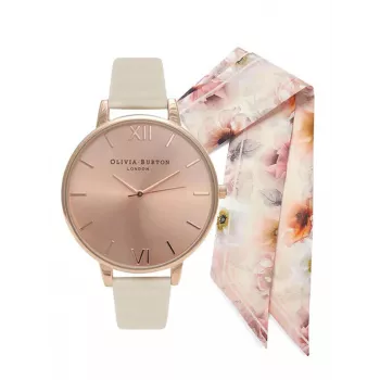 Olivia Burton Sieviešu Pulkstenis OBGSET51 30mm Rozā Zelts Nerūsējošais Tērauds & Pelēka Āda
