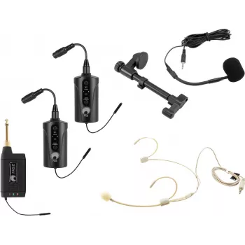 OMNITRONIC Set FAS TWO divkanālu UHF bezvadu sistēma ar 2 ķermeņa raidītājiem, austiņu mikrofonu un akustiskās ģitāras mikrofonu (660-690 MHz) 20000973