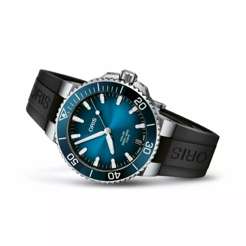 ORIS vīriešu niršanas pulkstenis 41350742274FC 41.50mm automātisks ar zilu ciparnīcu un zilu gumijas siksniņu