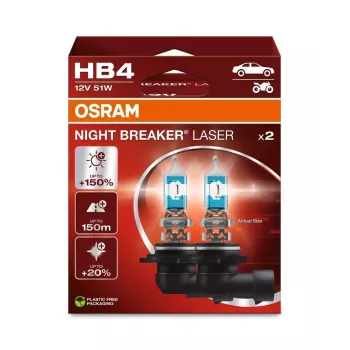 OSRAM Night Breaker Laser HB4 (2 gab.) - 12V 51W P22d halogēna lukturu spuldzes, līdz 150% vairāk gaismas, 150m stars, 20% baltāka gaisma, balta