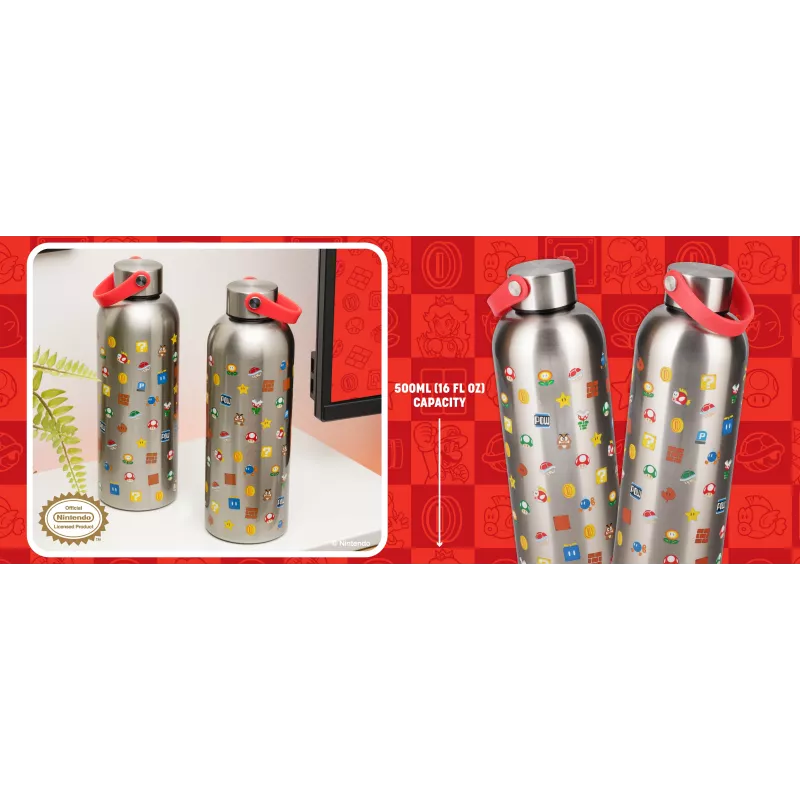 Paladone Super Mario Metal Water Bottle ar nēsāšanas cilpu