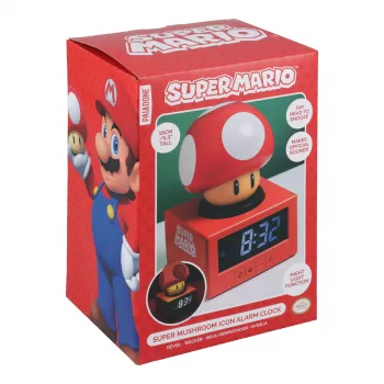 Paladone Super Mario Super Mushroom Icon Alarm Clock — digitālais LCD modinātājpulkstenis, USB barošana, oficiālie Nintendo skaņas efekti, sarkans/balts