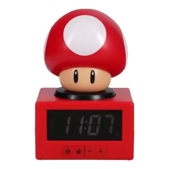 Paladone Super Mario Super Mushroom Icon Alarm Clock — digitālais LCD modinātājpulkstenis, USB barošana, oficiālie Nintendo skaņas efekti, sarkans/balts