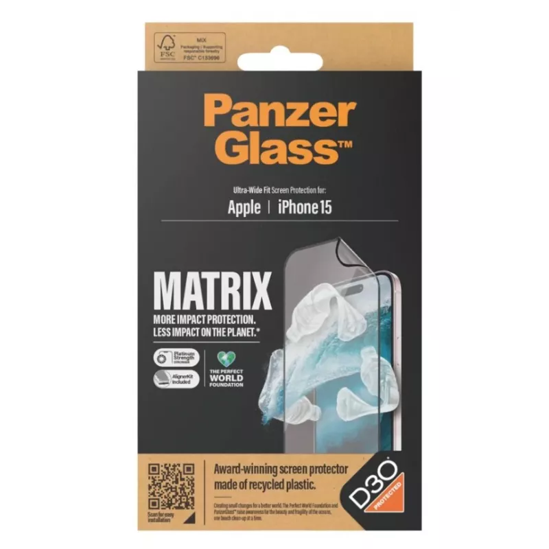PanzerGlass MATRIX ekrāna aizsargs ar D3O iPhone 15 | Ultra-Wide Fit ar AlignerKit