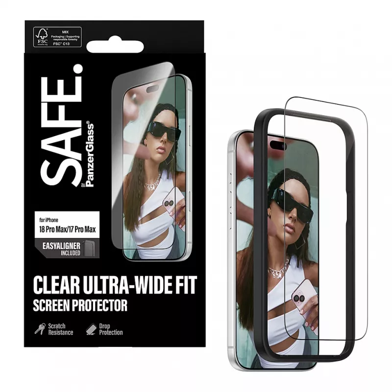 PanzerGlass SAFE ekrāna aizsargplēve iPhone 18 Pro Max/17 Pro Max - Ultra-Wide rūdīts stikls, antibakteriāla, 9H cietība