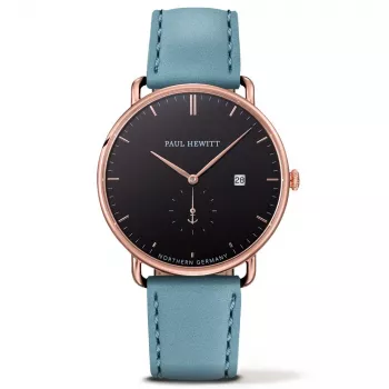 PAUL HEWITT Vīriešu pulkstenis The Grand Atlantic Line 42mm rozā zelta tērauda korpuss, melna ādas siksniņa PHTGARB23S