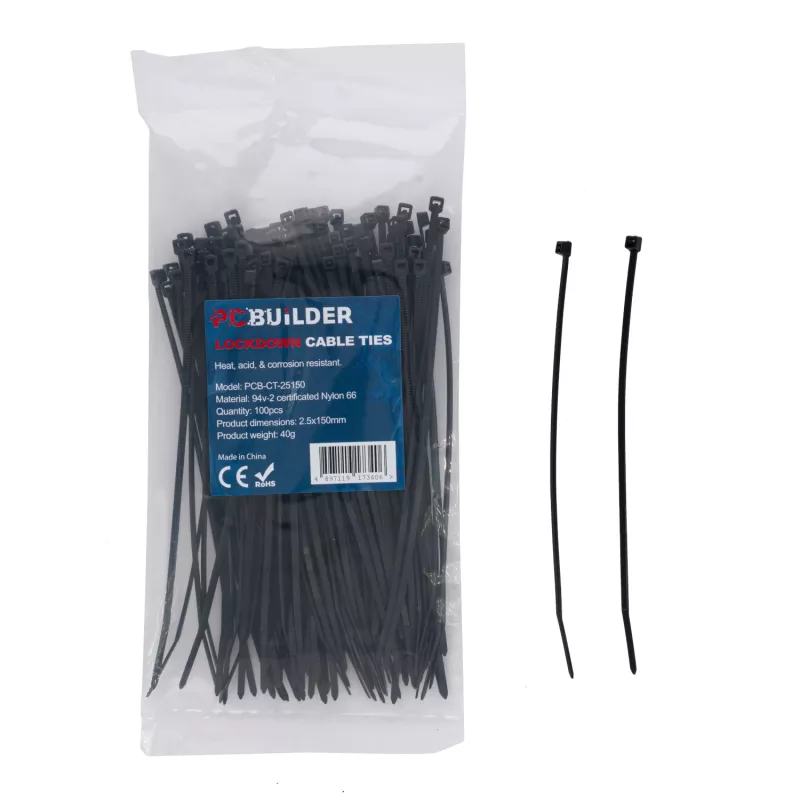 PCBuilder LOCKDOWN 150mm kabeļu saites (100 gab.) - Melns